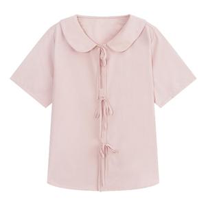 YUZI鱼子日系娃娃领系带衬衫大码女装夏微胖mm显瘦遮肉200斤减龄