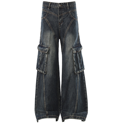 OV原创美式复古解构设计多口袋弯刀牛仔裤女潮牌宽松阔腿长裤子男