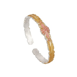 纯银珐琅彩拉丝描金手镯女新中式国风宫廷花朵开口足银镯子送女友