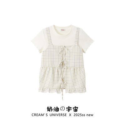 韩系绑带格纹吊带背心短袖两件套
