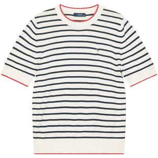 【春夏甄选】Hazzys哈吉斯圆领条纹短袖针织衫女士休闲套头上衣