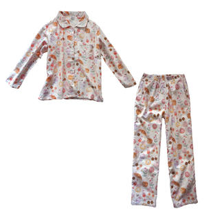 A类100%纯棉磨毛日系卡通家居服宽松翻领对襟秋冬可爱睡衣套装女