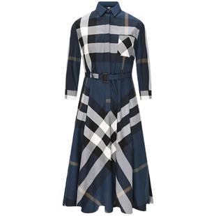Navigare意大利小帆船女士夏七分袖格子连衣裙腰带翻领衬衫a字裙