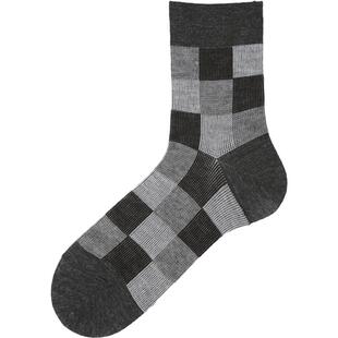 Tabio复古格纹袜子男秋冬透气含羊毛中筒袜百搭日系男袜ins潮袜