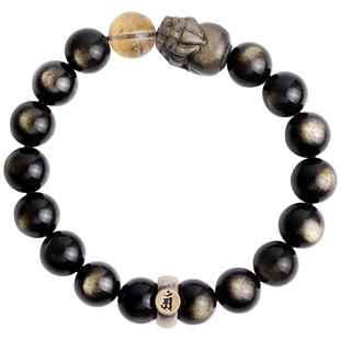 心斋堂【来财貔貅】天然黑曜石12生肖金曜石招财手链女好运佛珠男