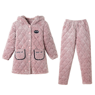 睡衣女款冬季加厚三层夹棉袄珊瑚绒中长款可外穿加大码家居服套装