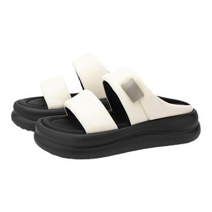 千百度面包一字拖女款夏季气质厚底增高时尚平底度假外穿拖鞋百搭