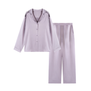 一茧一丝真丝睡衣女春秋翻领镂空高级可外穿桑蚕丝家居服两件套装