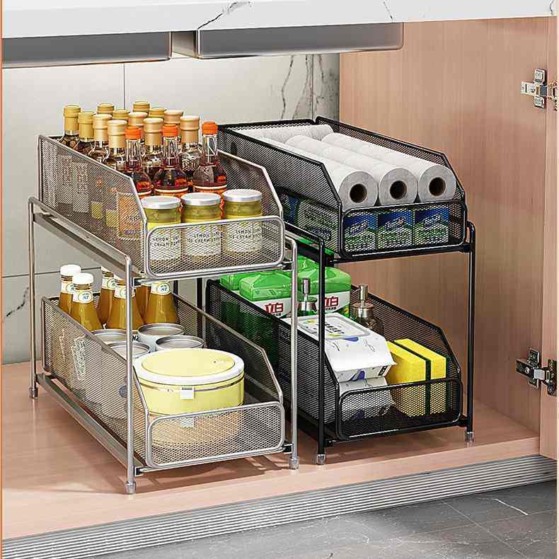 厨房下水槽置物架多层抽分层收纳抽屉拉碗盘篮架拉式橱柜家用
