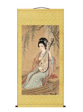 琵琶仕女图古典美人卷轴挂画中式古风茶室客厅沙发背景墙装饰挂轴