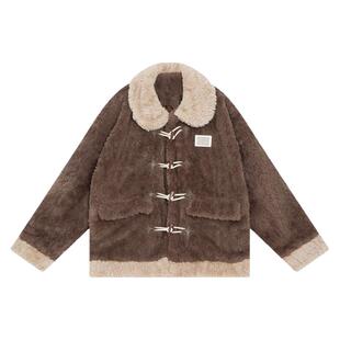 胖mm特大码加绒加厚羊羔毛外套女冬季拼色设计保暖单排扣棉服上衣