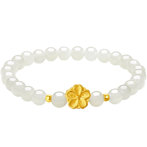 周六福旗舰店和田玉手串女金镶玉黄金桃花白玉玉石手链节日礼物