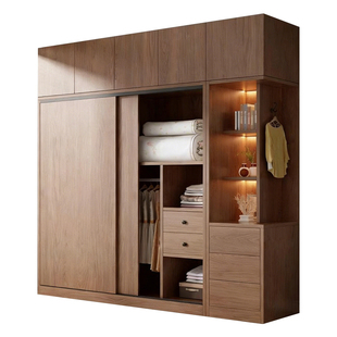 推拉门衣柜实木定制胡桃色中古风卧室家用2026爆款滑移趟门大衣橱