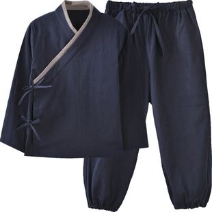 中国风男式国学汉服亚麻弹力亲子套装儿童表演服复古唐装居士禅意