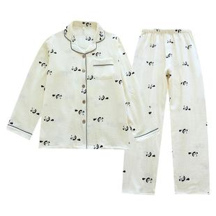 春夏秋薄纯棉泡泡棉纱布宽松卡通熊猫长袖情侣家居服睡衣套装女男