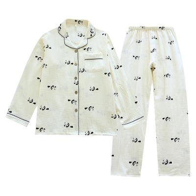 春夏秋薄纯棉泡泡棉纱布宽松卡通熊猫长袖情侣家居服睡衣套装女男