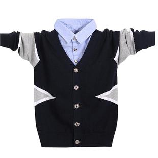 春秋冬全棉纯棉儿童中小童男童薄款假两件套头衬衫领针织衫开衫