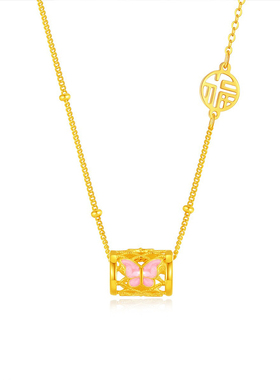 S925纯银圆筒福牌蝴蝶项链女礼物