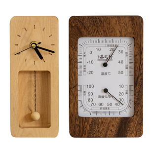 简约实木钟表温湿计摆放式客厅挂钟轻奢高级感家用复古静音时钟