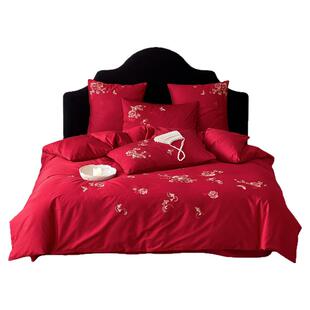 吉祥锦鲤年轻人结婚四件套床上用品高端上档次全棉大红色婚庆婚礼