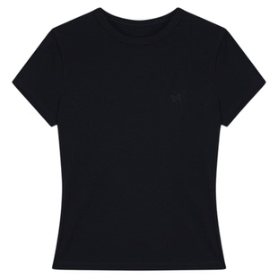 NEVA HU 蝴蝶结刺绣短袖T恤女夏季简约圆领修身短款针织正肩上衣