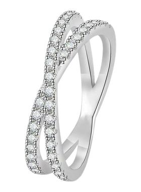 AU750白金镶嵌莫桑石半圈排钻交叉戒指时尚纯银叠带精致日常通勤