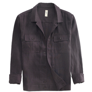 汉絮早秋工装风亚麻外套男款时尚多口袋衬衫式夹克男翻领长袖秋装