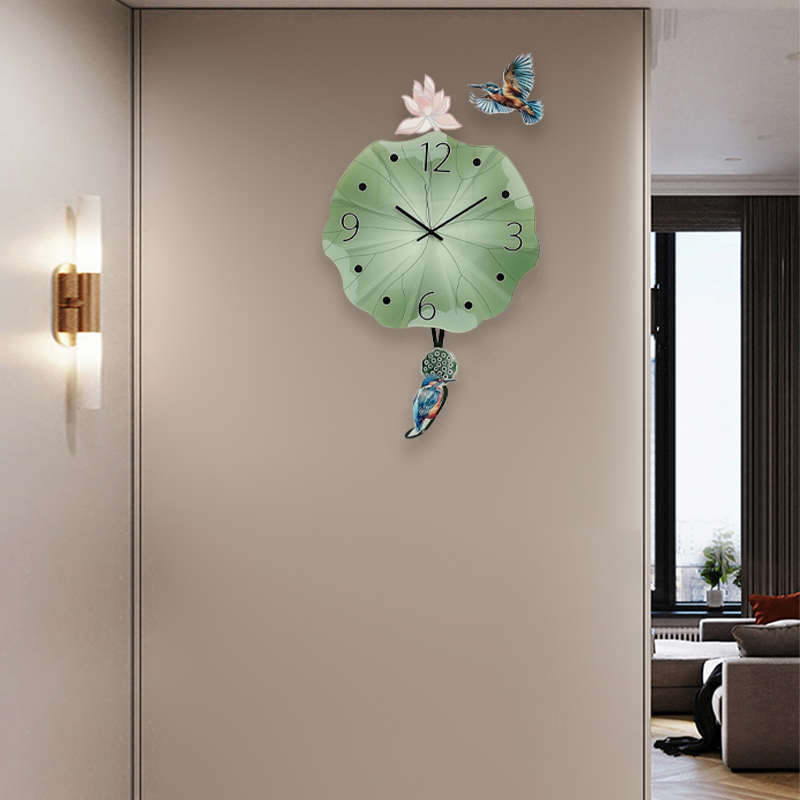 新中式荷叶挂钟客厅静音家用挂表时钟时尚挂墙创意艺术石英钟表