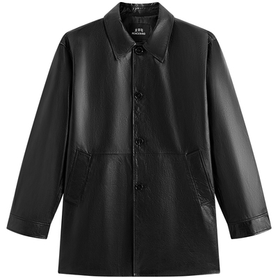 【锋度皮衣】太平鸟男装翻领牛皮外套中长款真皮夹克潮B1BDF4F11