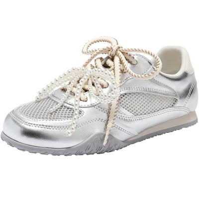 百丽网面透气银色薄底德训鞋