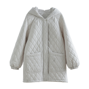 麻意 好看的灰白色 文艺菱格夹棉外套女连帽宽松廓形中长款棉服