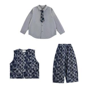 幼悠男童2025新款拼图碎片无袖牛仔马甲宽松直筒裤子翻领衬衫套装