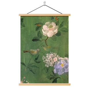 中古风花鸟图绿色喷绘油画客厅装饰画复古花卉高级感卧室书房挂画