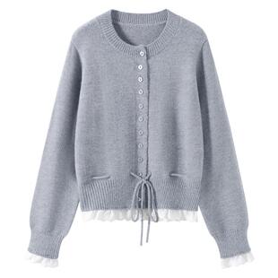 唐狮官方法式小资针织衫外套女2026新款春季撞色荷叶边毛衣开衫VC