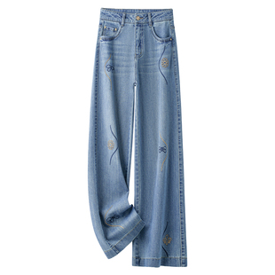 刺绣花牛仔裤女设计感小众2026爆款高腰显瘦窄版阔腿裤新中式裤子