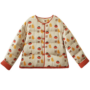 现货【好柿花生】复古加厚羽绒服女短款中式盘扣撞色印花冬季外套