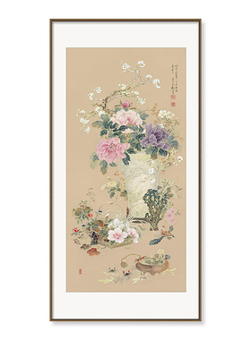 东方美学玄关挂画牡丹花鸟金箔画