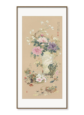 东方美学玄关挂画牡丹花鸟金箔画