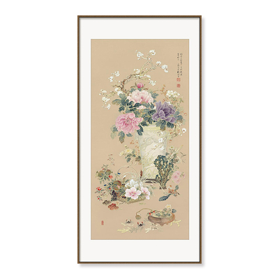 东方美学玄关挂画牡丹花鸟金箔画