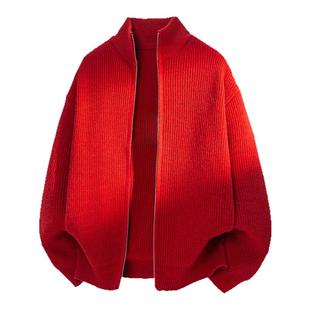 Jeep吉普红色开衫针织男士毛衣秋冬季本命年立领毛衫简约休闲外套