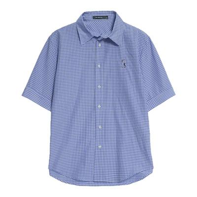 Unvesno(UN)可叠穿双人舞刺绣蓝白格宽松短袖衬衫