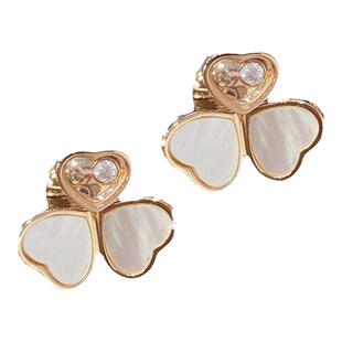 刘涛同款白贝母幸运草耳钉 V金镀金珠宝款贝壳爱心钻石耳环项链女