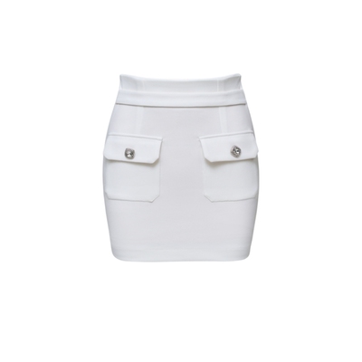 白色水钻扣高腰弹力修身包臀短裙