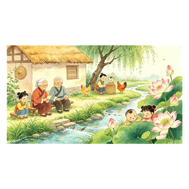 国风田园阖家欢自粘墙贴 客厅玄关温馨装饰贴画自带背胶防水防晒