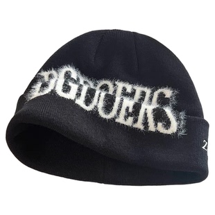 黑色冷帽针织帽子女2025新款美式英文保暖护耳帽秋冬显脸小毛线帽