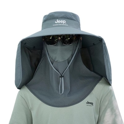jeep吉普渔夫帽男士夏季防晒遮阳户外面罩披肩太阳男大檐登山帽子