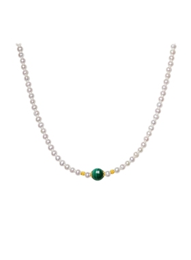 周六福淡水珍珠项链女孔雀石珍珠链坠S925银优雅送女友圣诞礼物