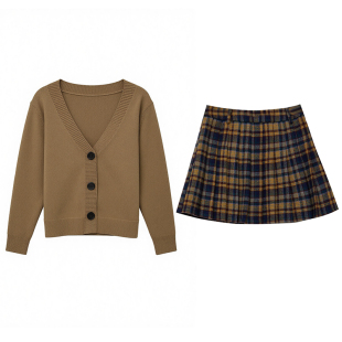 DM100大码女装2025秋微胖mm减龄美拉德风毛衣搭配格纹百褶裙套装