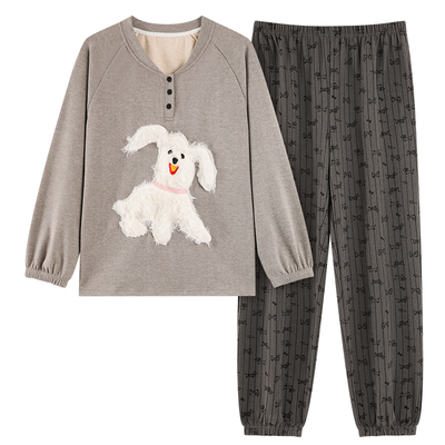 2025新款德绒睡衣女款秋冬季长袖长裤保暖薄绒磨毛束口套装家居服