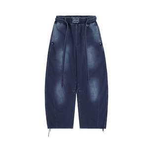 朴敏珠Minju同款badblood复古抽绳水洗做旧牛仔裤宽松阔腿弯刀裤